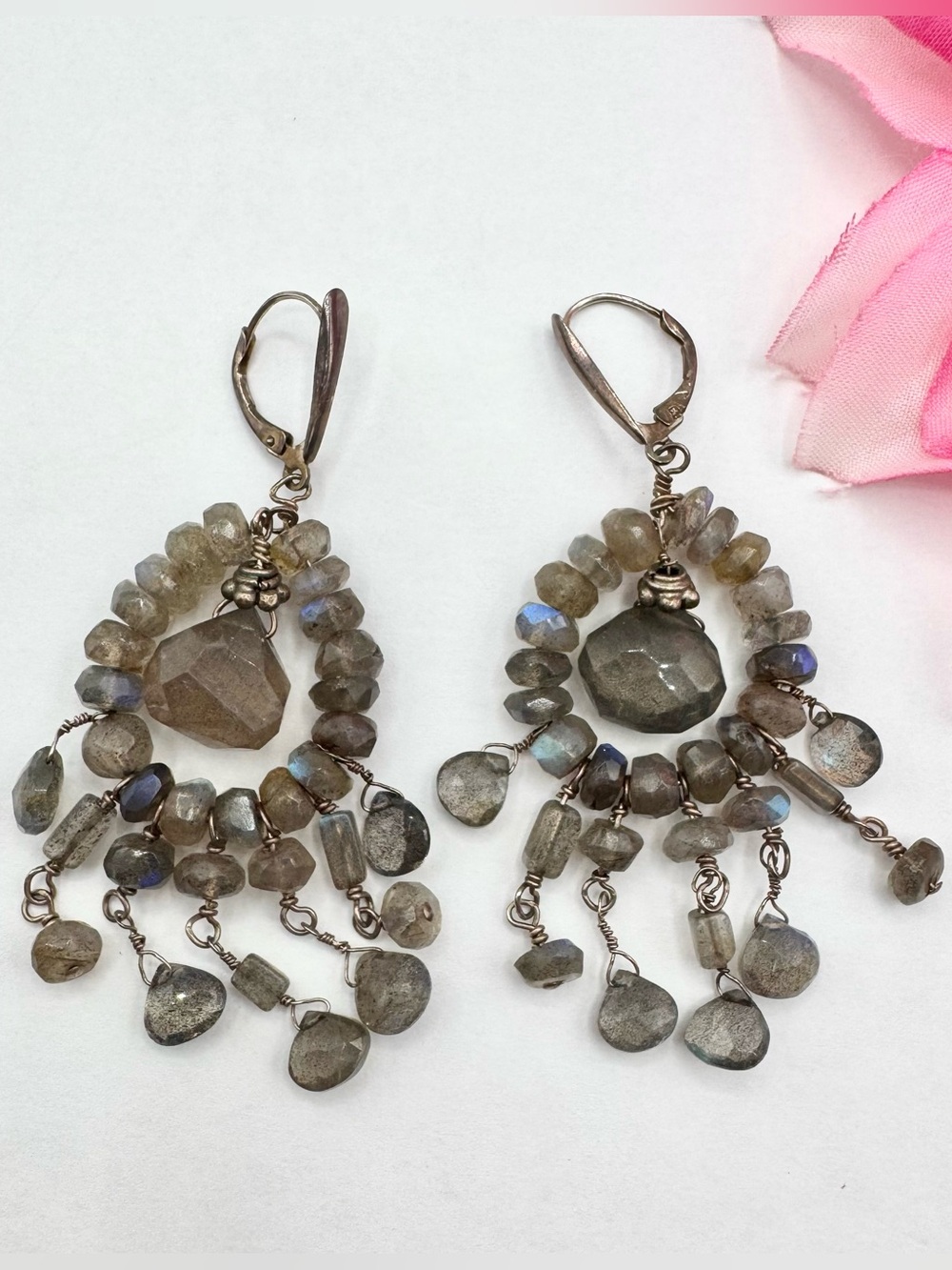 Labradorite Chandelier Earrings Silver Wire Wrapped Artisan Handmade Boho Glam